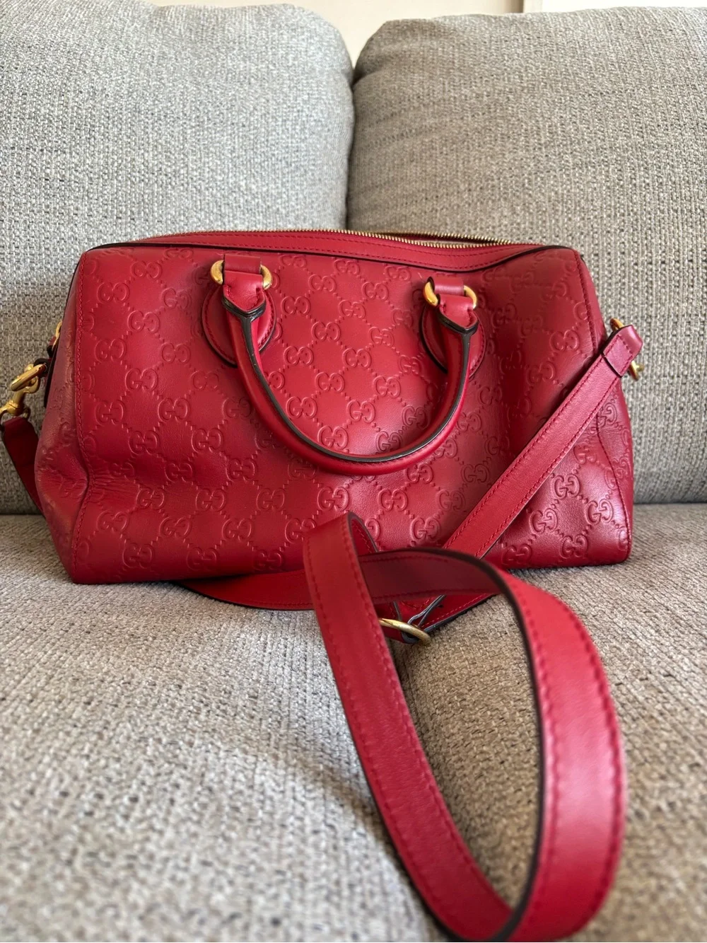 Gucci Red Embossed Leather Satchel with Shoulder Strap